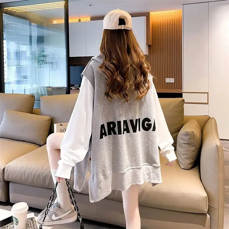 2023 Spring and Autumn Thin, Lazy, Relaxed, Relaxed, Versatile, and Fashionable Pop Street Cardigan Hooded Sleeveless Sweater