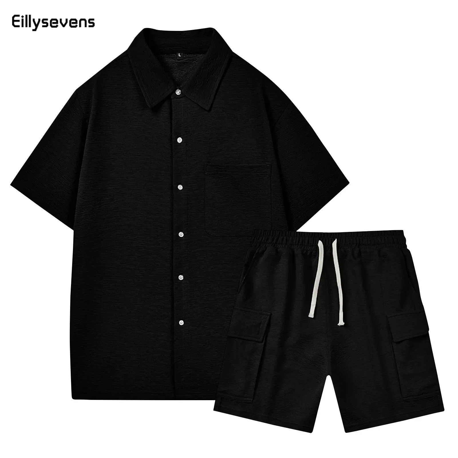 

2024 Men Summer Sets Solid Lapel Short Sleeve Casual Shirt Beach Shorts Streetwear Vacation Hawaiian Suits Men Clothing