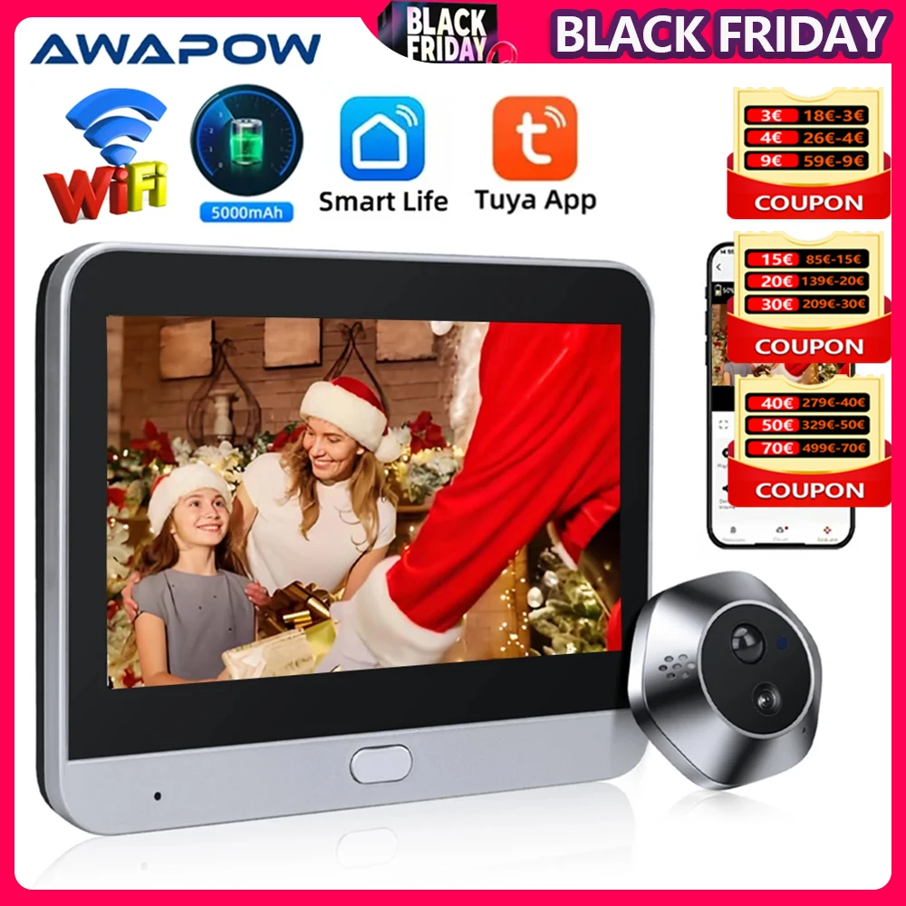 

Awapow WiFi Tuya Peephole Camera Smart Life Motion Detection Digital Audio Doorbell Upgrades Two-way Intercom 2 Million HD Pixel