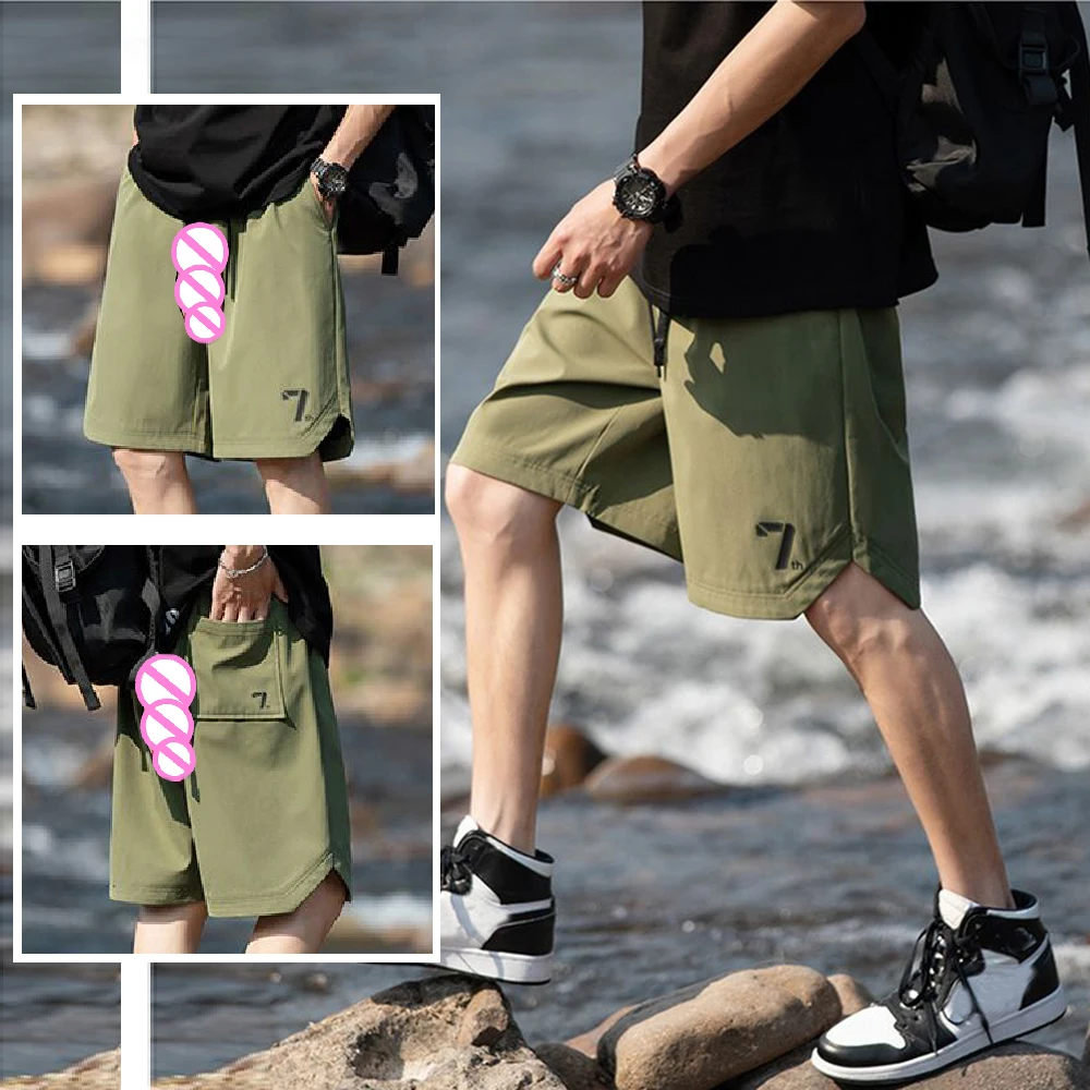 Invisible Open Crotch Outdoor Sex Basketball Shorts Men\'s Loose Casual Pants Quick Drying Knee Length Trousers Summer Versatile