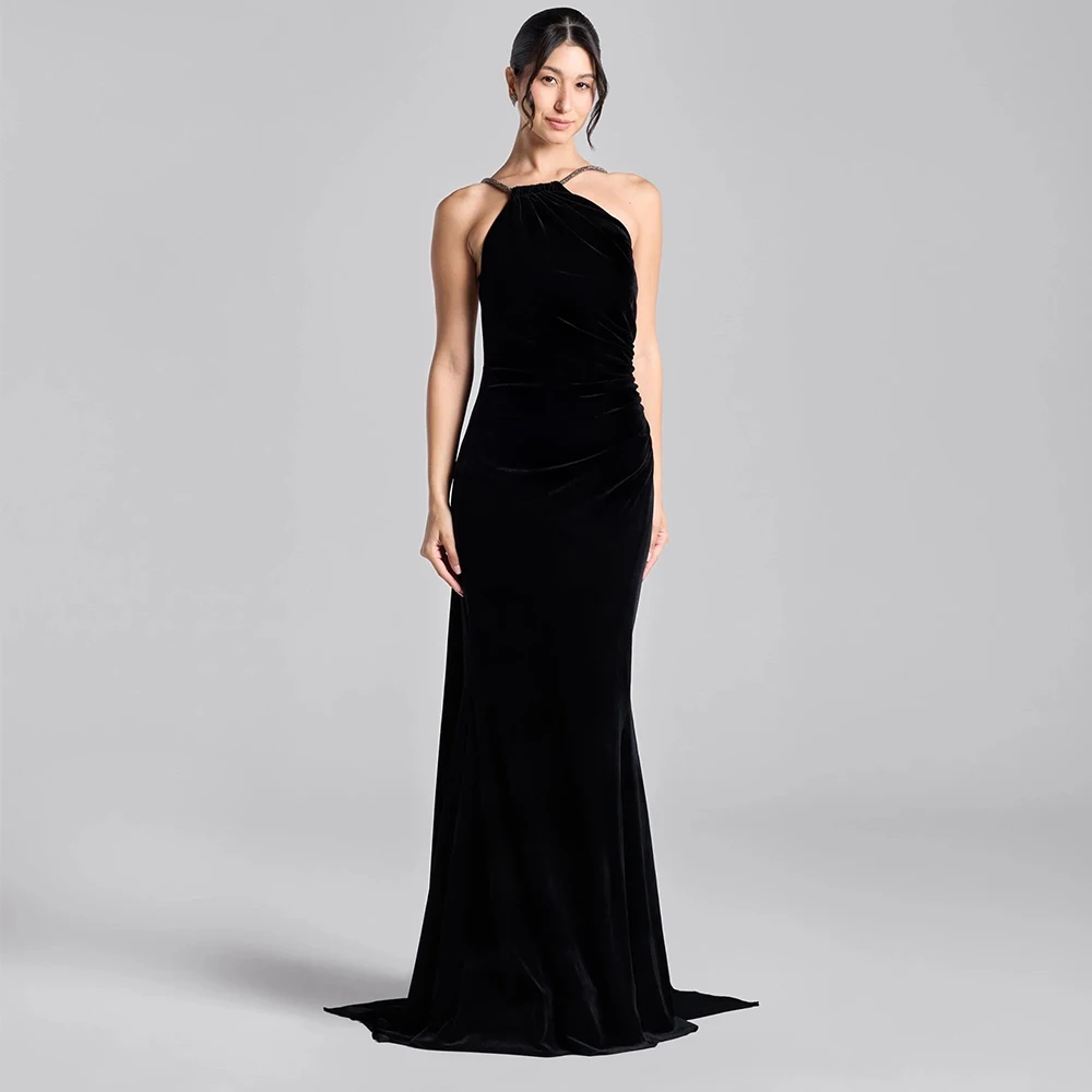 

Vanessa Black Velvet Halter Neck Mermaid Evening Gown with Crystal Straps Customized Backless Side Slit Formal Occasion Dress