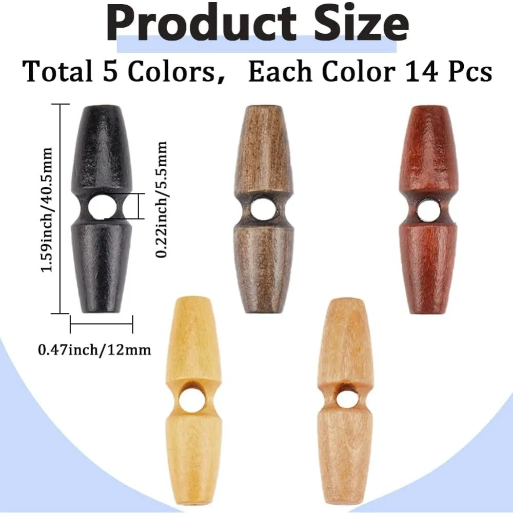 70Pcs 5Colors Wooden Coat Horn Buttons 1.57x0.43 Black Brown Coffee Big Hole Toggle Button Wood Sweater Coats Buttons making kit