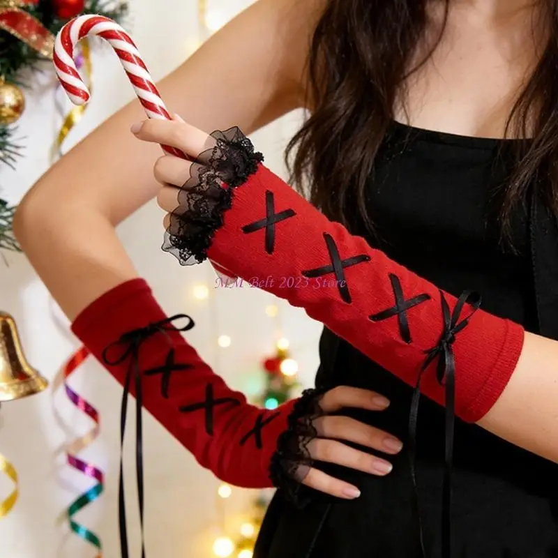 49ME Multiuse Arm Sleeves with Knit Bowknot Decors for Women Teens Festival Props