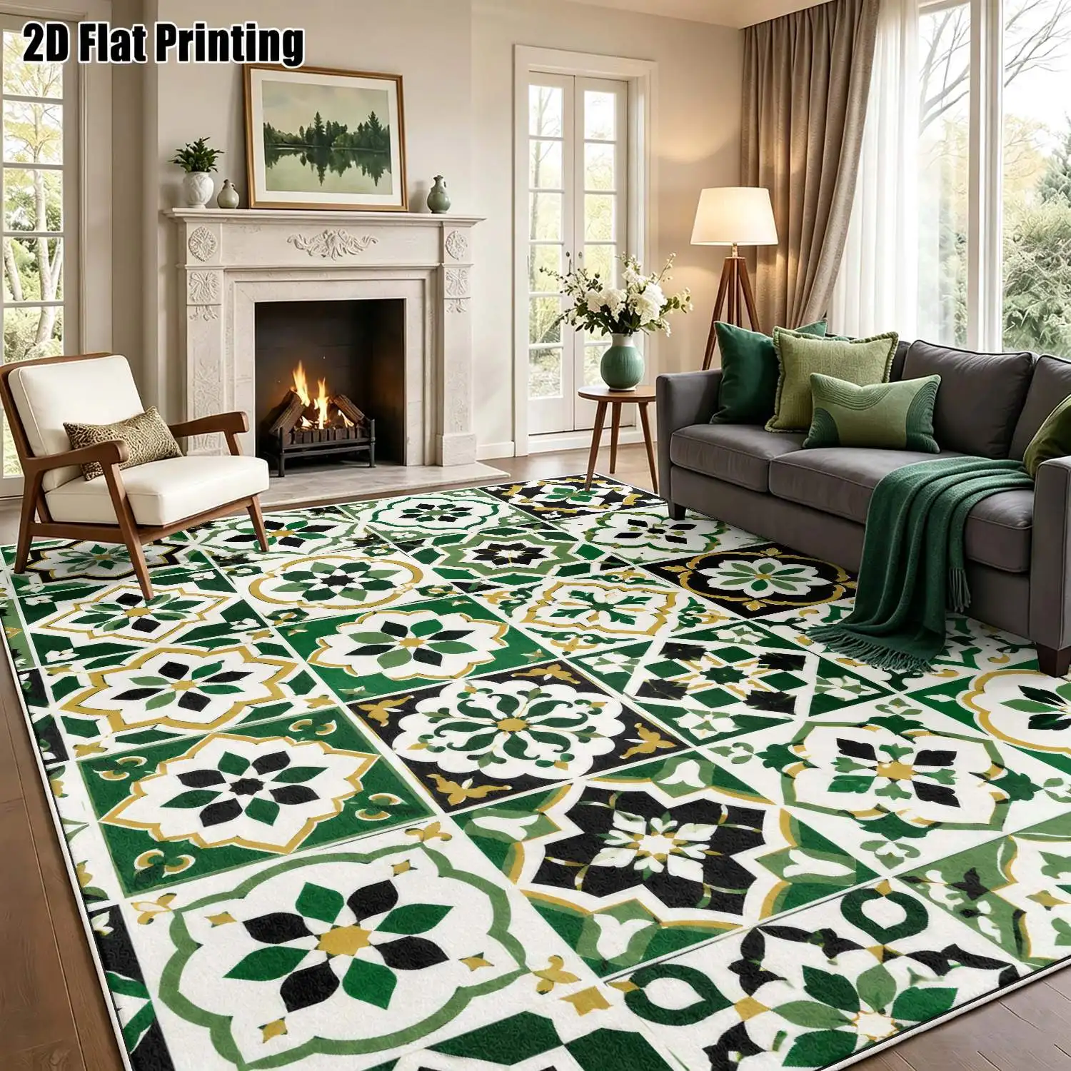 1Pc 2D Printed Green Geometric Floral Velvet Carpet, European Retro Bohemian Style, Multi-Size Machine Washable, for Home Decor & Multi-Scene Use