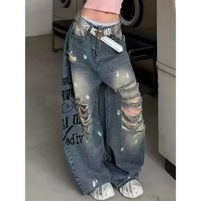 YIBASHU Women Blue Gothic Emo Y2k Ripped Jeans Japandi Style Oversize Grunge Jean Pants Vintage Harajuku Denim Trousers Clothes