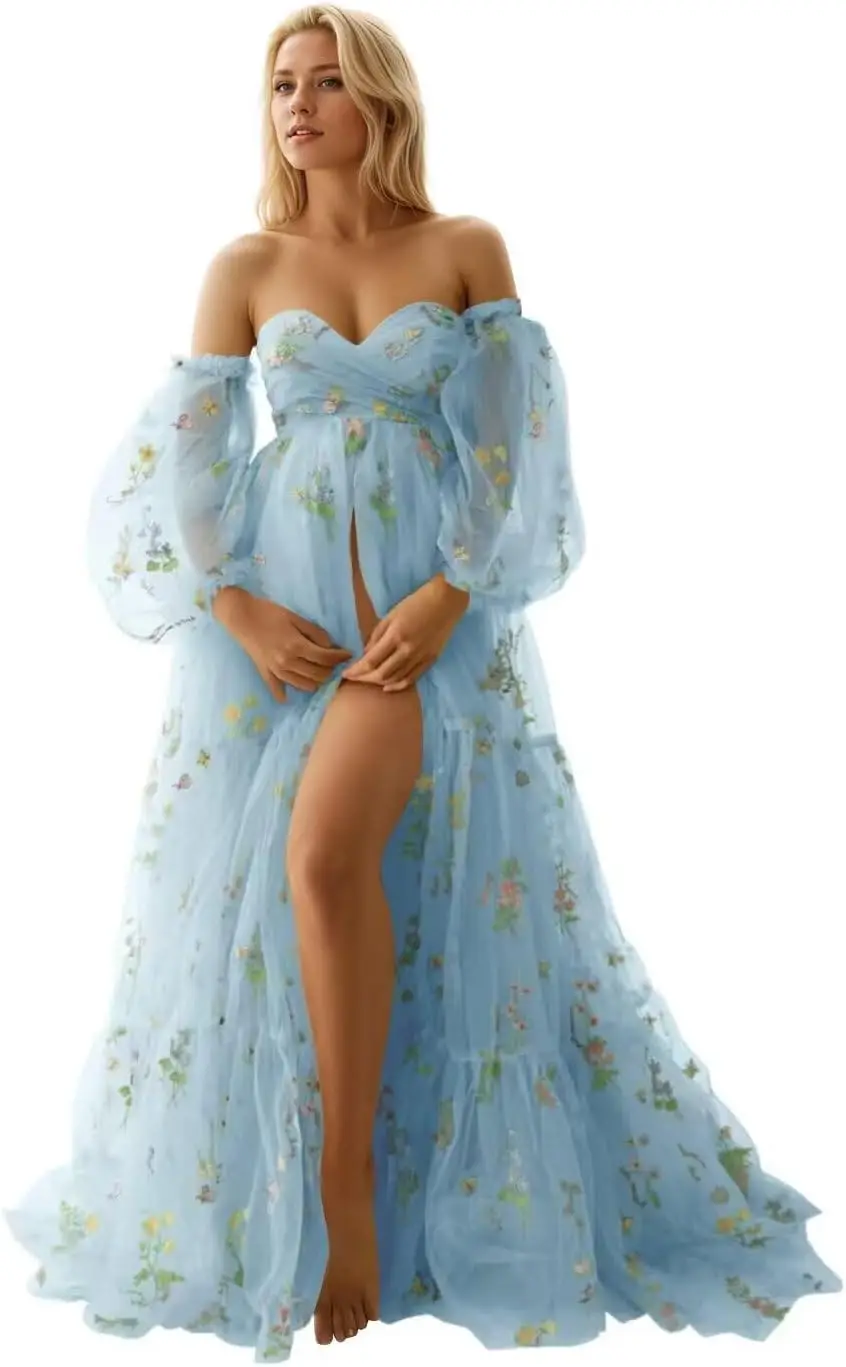 Flower Embroidery Tulle Maternity Dresses for Photoshoot Long Puffy Sleeve Off Shoulder Pregnancy Baby Shower Dress Party Dress
