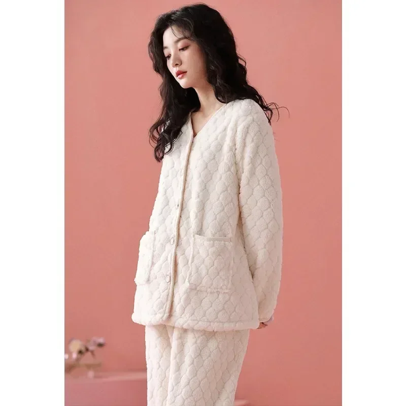 Pajama Women Autumn and Winter Coral Velvet Thickened High Appearance Level Simple Warm Flannel Niche Outside Wear Home Wear Set