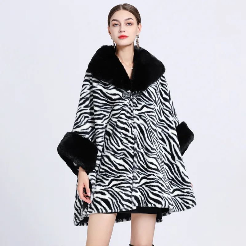 Batwing Sleeves Poncho Women Zebra Striped Overcoat Cloak Winter Big Pendulum Faux Fur Collar Cardigan Woolen Loose Capes Coat