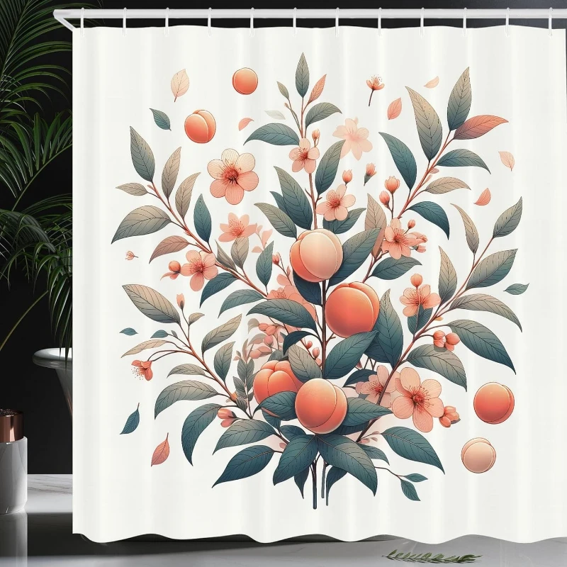 

Персиковая занавеска для душа, романтическое японское аниме-артное тематическое весеннее цветение сливы и листовой букет, тканевый набор декора для ванной комнаты