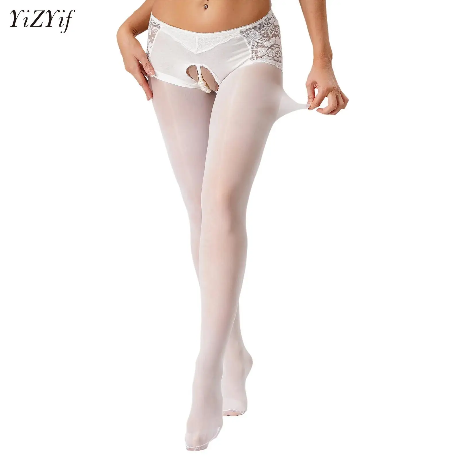 

Women Pantyhose Stretchy Floral Lace Trimming Faux Pearls Crotch Glossy Footed Stockings Tights for Lingerie Night