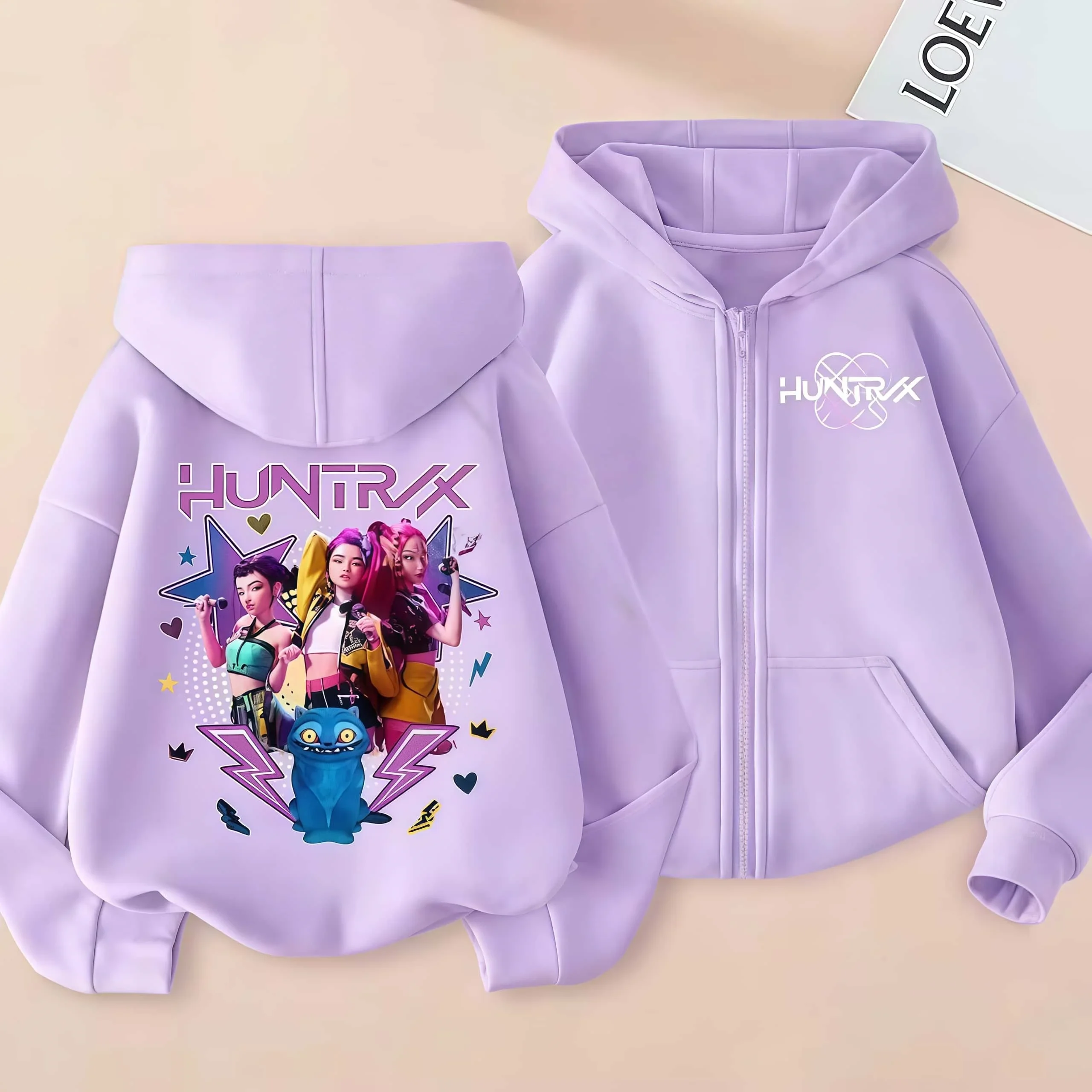 KPop Devil Hunter Reißverschluss-Hoodie, Cartoon-Mädchen-Mantel, modische lila Herbst-Hoodie-Jacke, Anime-Sweatshirt-Geschenk für Kinder