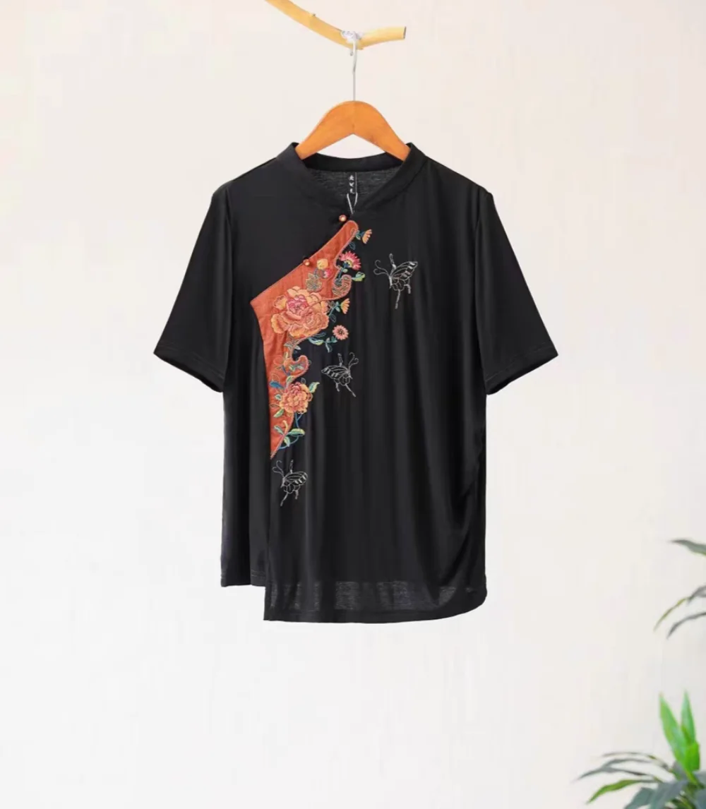 

Vintage T-shirt for women Black cotton High Strecth summer tops Ethnic style embroidery Short sleeve tee high quality