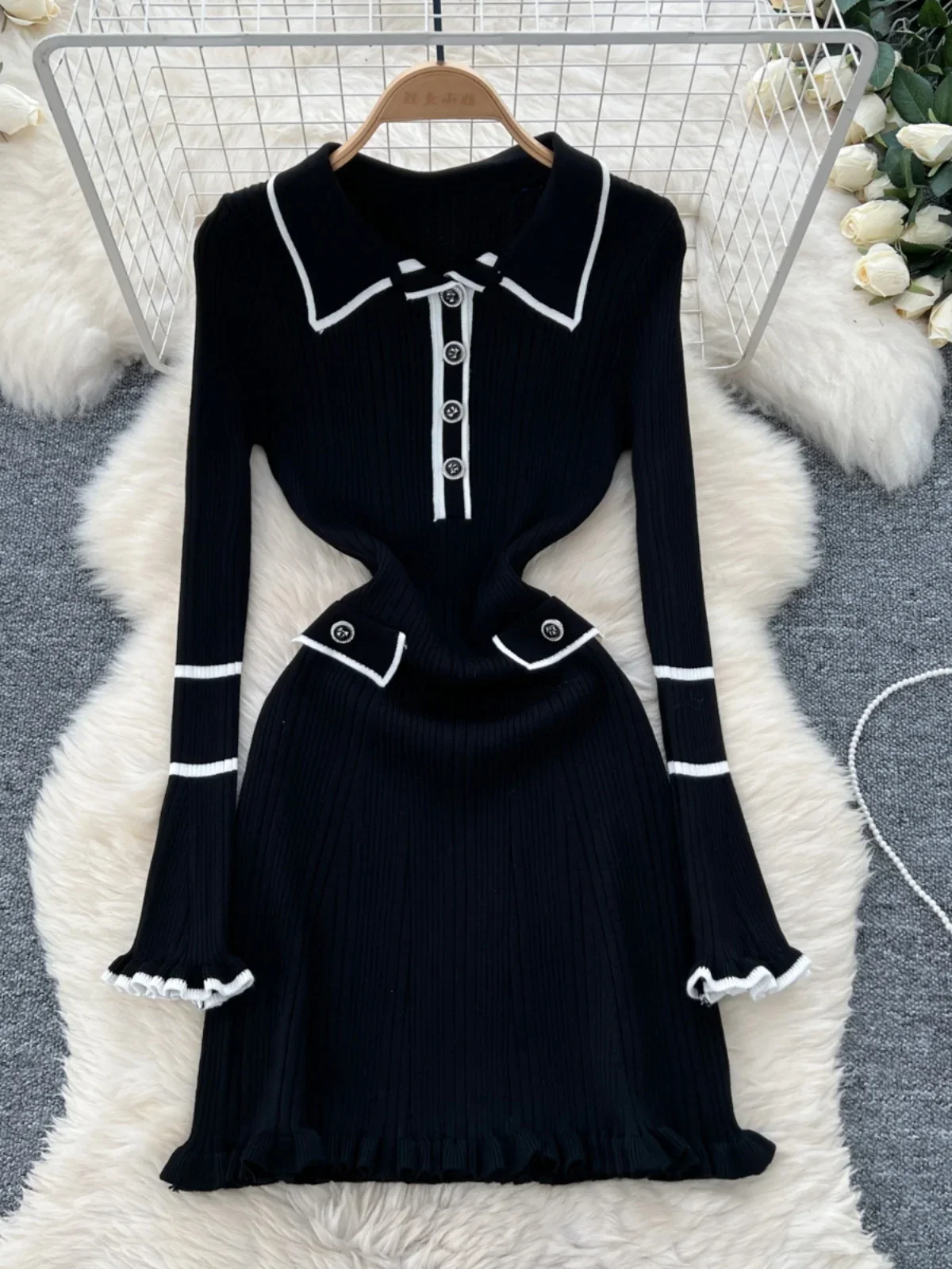 Hit Color Laple Neck Vestidos Fungus Long Sleeve Vestido Sweet Vintage Dresses Tunic Knitted Dress Spring Autumn Ropa Mujer