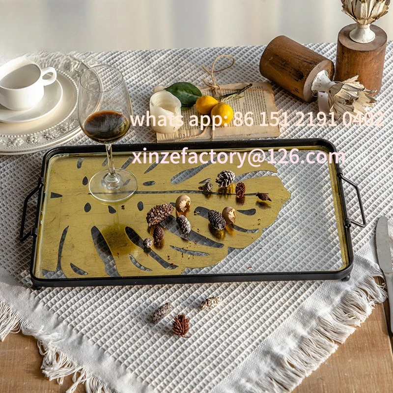 Customizable light luxury household fruit plate wrought iron gold, hotel model room decoration ornament retro metal teacup tray