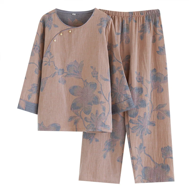 Autumn Pure Cotton Gauze Women\'s Pajamas  Antique Magnolia Print Long Sleeve Round Neck Loose Soft Home Wear Set