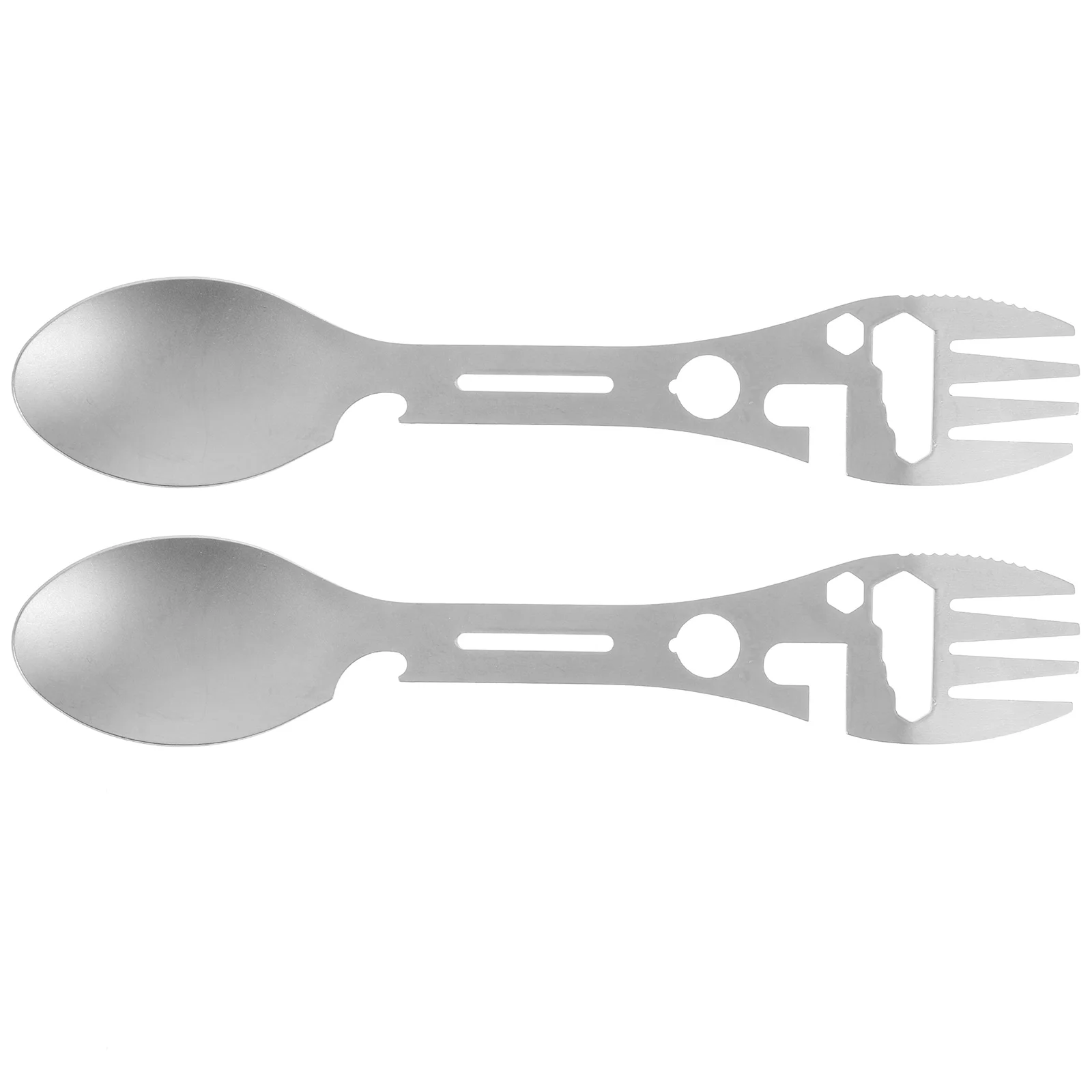

2pcs Camping Tableware Stainless Steel Spoon Fork Multifunctional Tool Portable Cutlery Set Silver Color Lightweight Durable