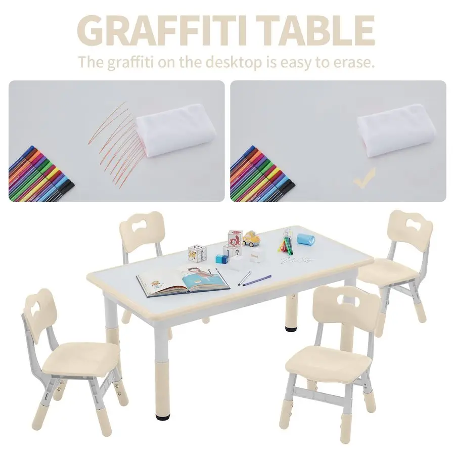 Table and Chairs Set for 4, 47.2L x 23.6W Kids Study Table and Chair Set, HeightAdjustable, Graffiti Desktop, Children Activity
