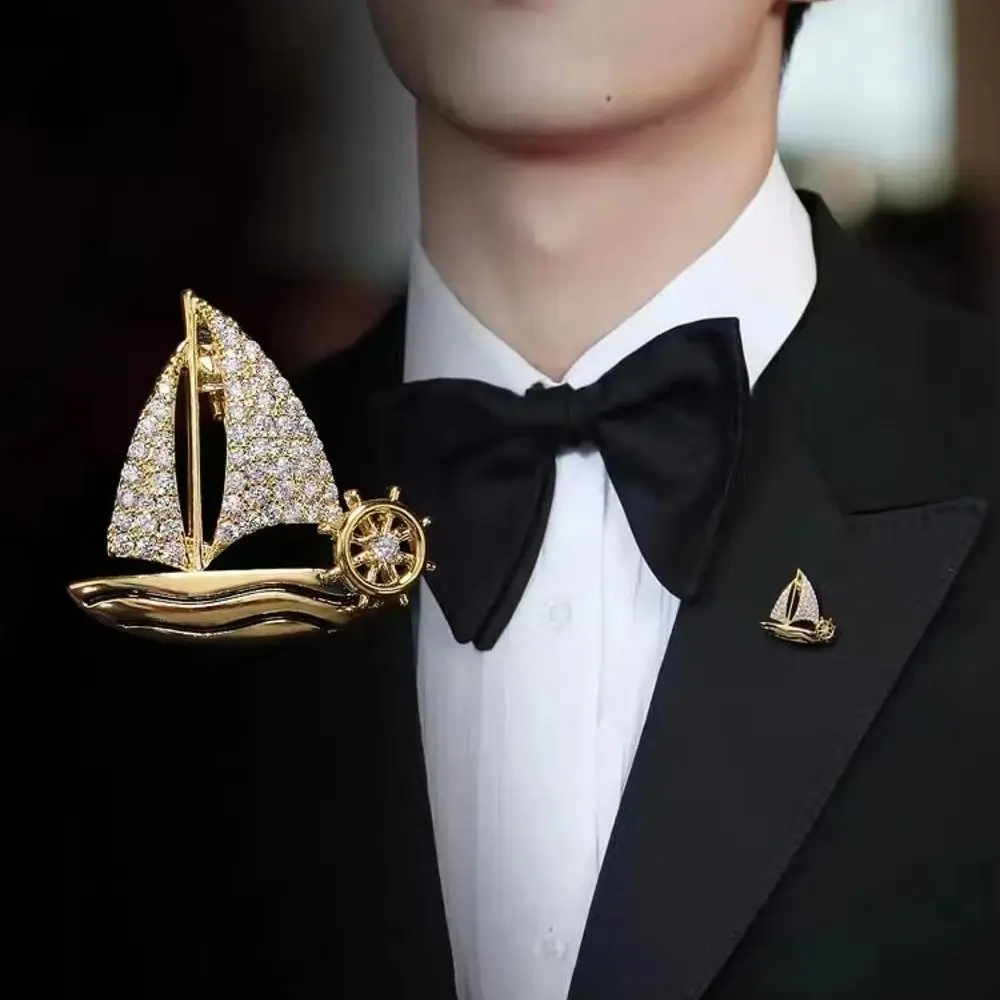 New High End Brooch Anti Slip Buckle Small Sailboat Cardigan Clip Delicate Sparkling Clothing Accessories For Men Women