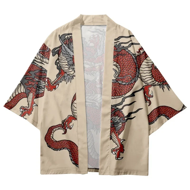 Japanese Traditional Clothing 3D Dragon Pattern Kimono Men's Cardigan Retro Samurai Summer Beach Oversized Cardigan Yukata