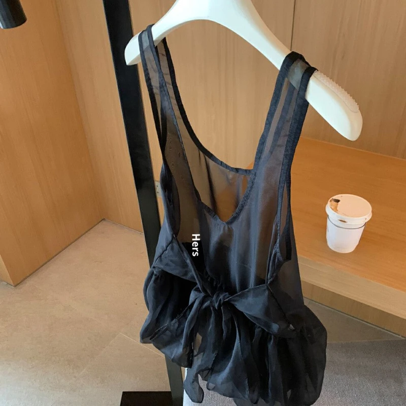 2025 Summer Backless Top Women Mesh Sheer Bow Tied Overlap Sleeveless Shirt Korean Fashion Sweet Bud Camis Vest