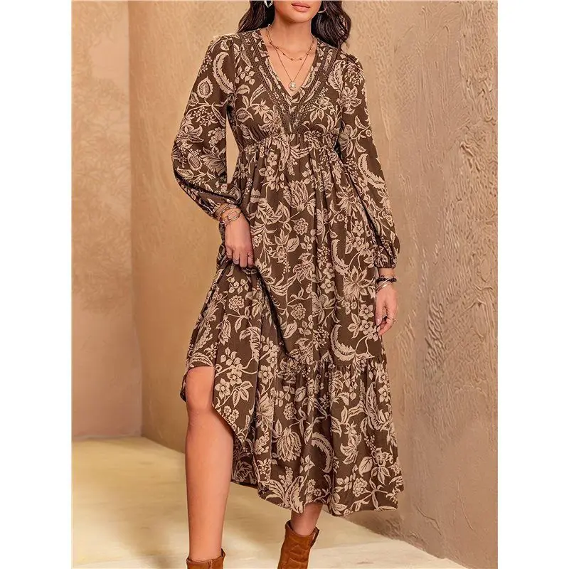 핫 Kf-여성 보헤미안 플로럴 롱 슬리브 맥시 드레스 V넥 엠파이어 웨이스트 가을 웨딩 게스트 드레스 포켓 포함