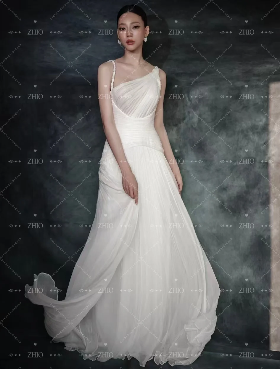 ZHIO أنيقة ثنيات فستان حفلات الزفاف السباغيتي الأشرطة سويب تراين كوريا صورة تبادل لاطلاق النار الزفاف ثوب مسائي مخصص ذاكرة ديريس