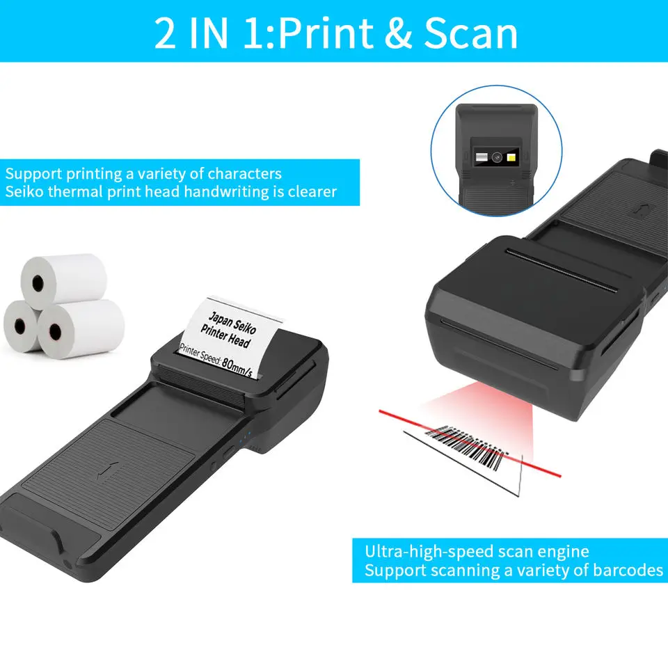 Cellphone Backclip Thermal Printer & 2D Scanner Bluetooth 58mm Printer 7.4V 3000mAh Battery Mobile Wireless Scanner