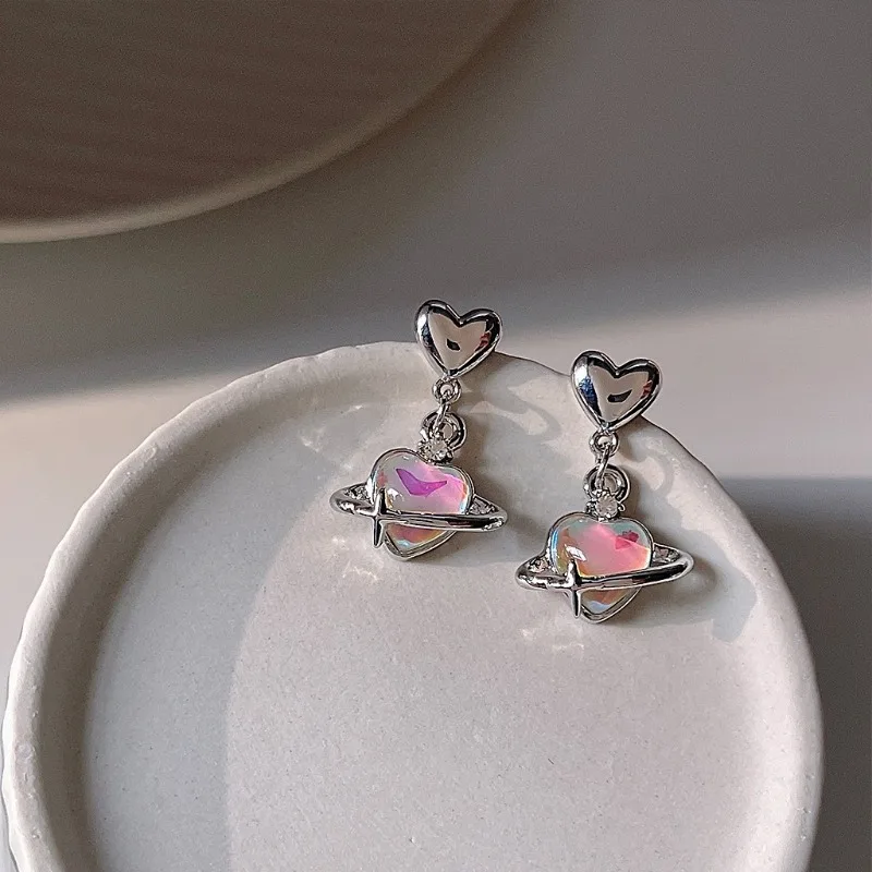 Pendientes Colgantes de Amor con Diseño de Viento Dulce, Borlas Y2K, Piedra Rosa de Luz de Luna Brillante, Cristal Dulce, Accesorios Vintage, Regalo para Mujer