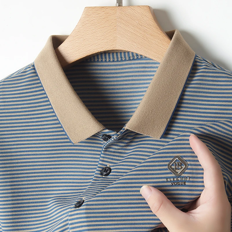 Summer Business Casual Quality Cotton Breathable Comfortable Lapel Polo Short Sleeve Striped Print Design Korean T-shirt Top