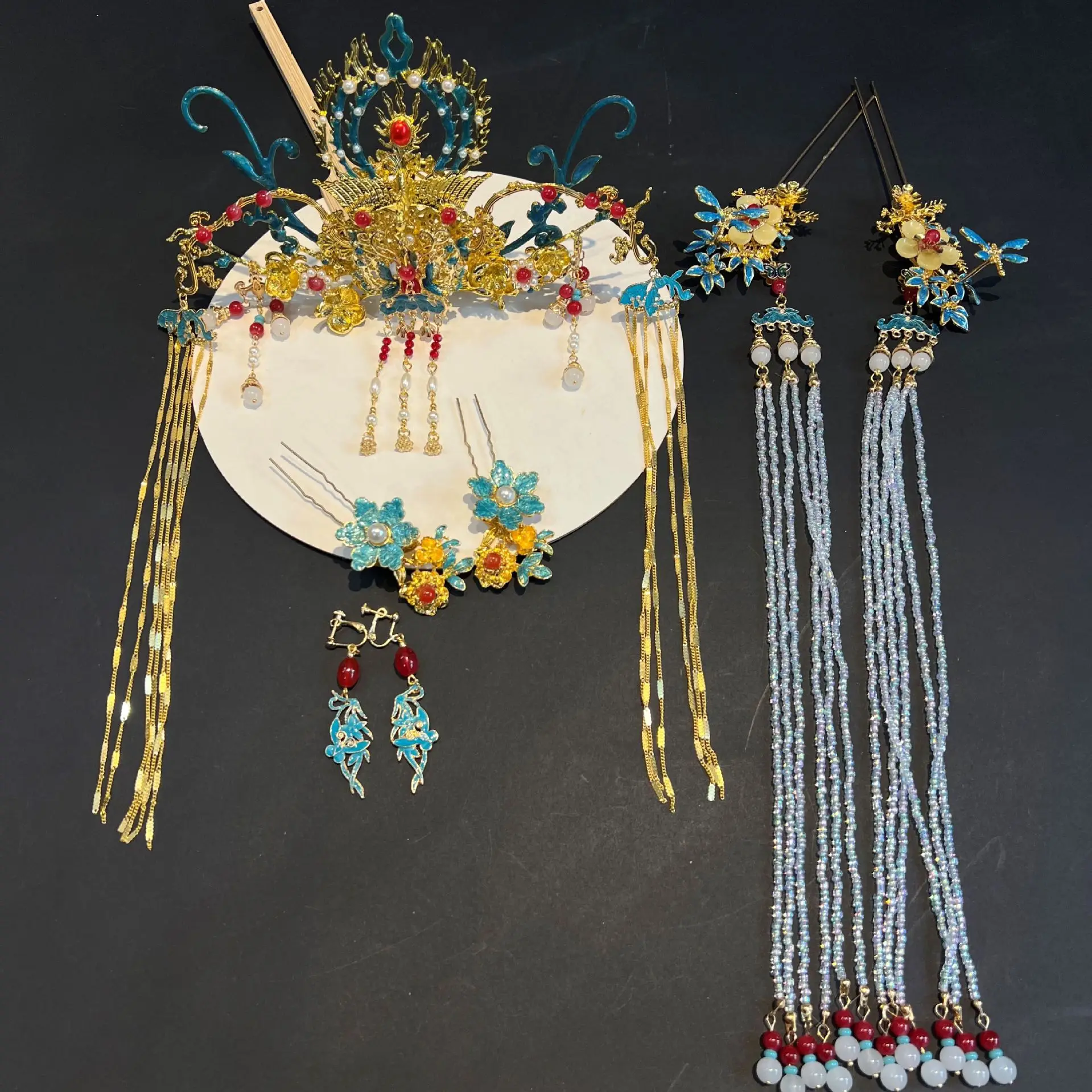 مينغ العتيقة مصوغة بطريقة غطاء الرأس ل هان الملابس الصينية الملحقات المحروقة شرابة تاج مجموعة كاملة زي الشعر دبوس الشعر القديم