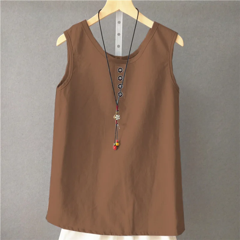 Summer Vintage Large Tank Top Women Loose Cover Belly Wear Sleeveless Button Ornament T-shirt B3385