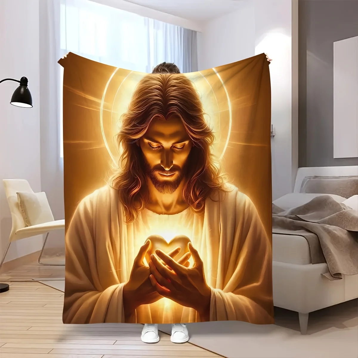 1pc Contemplative Jesus Printed Flannel Blanket, Soft Warm Throw for Sofa, Office Chair,, Outdoor Camping, Travel & Car - All Se