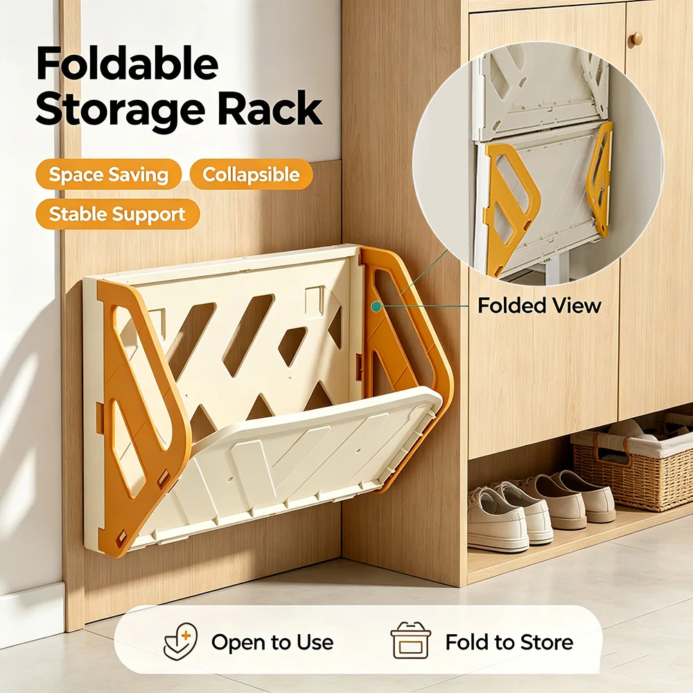 Foldable Wall Mounted Storage Rack Drill Free Collapsible Wall Shelf Space Saving for Hallways Bathrooms Kitchens Home Decor