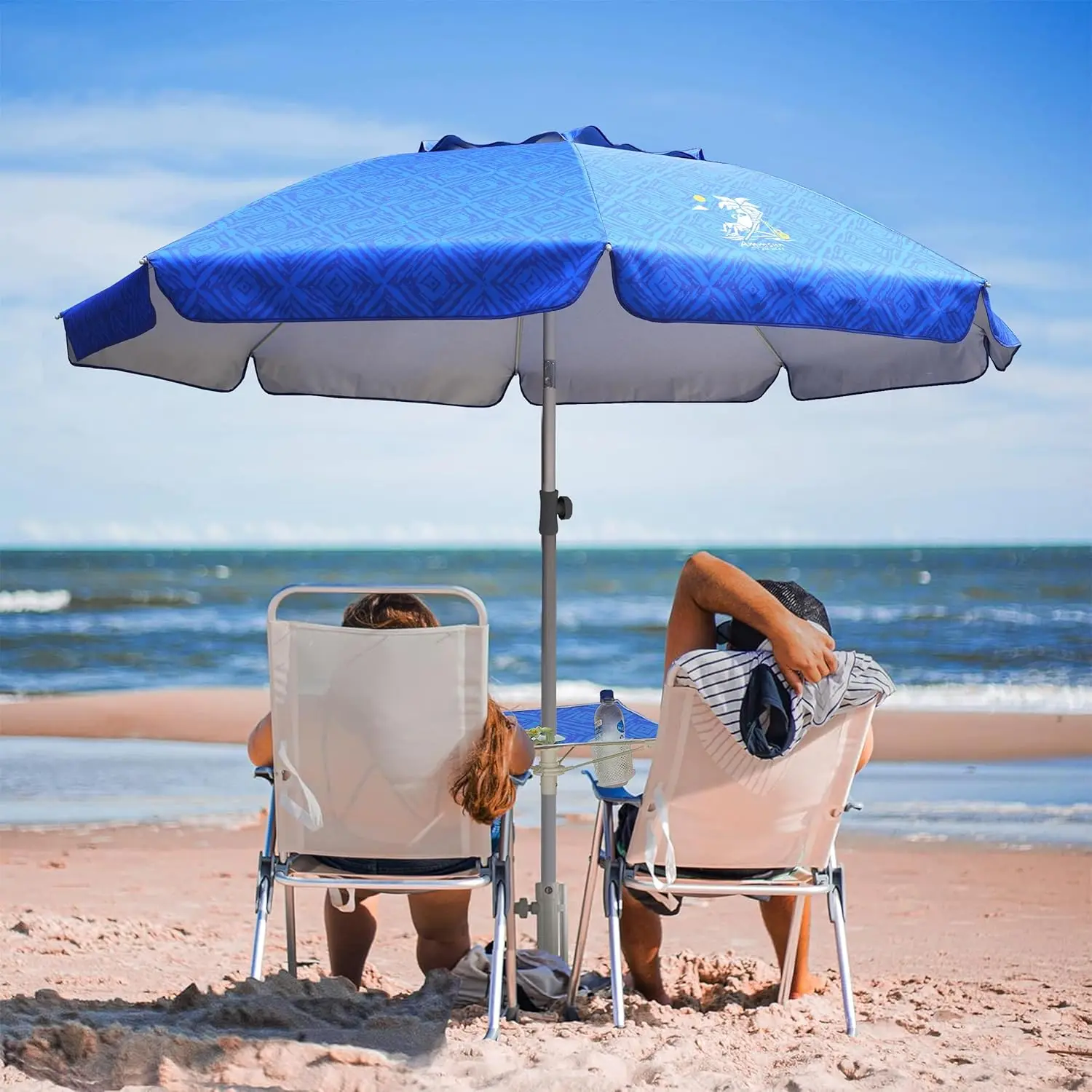 Portable Beach Umbrella with Sand Anchor & Table Tray, 6.5ft Heavy Duty Sun Protection for Patio, Pool, Garden