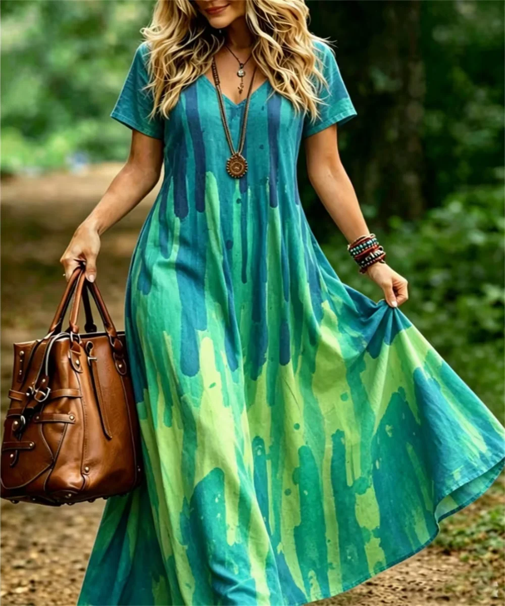 Ladies' new summer cherry watercolor splashed ink vertical stripe printed dress, V-neck short sleeved elegant casual long skirt