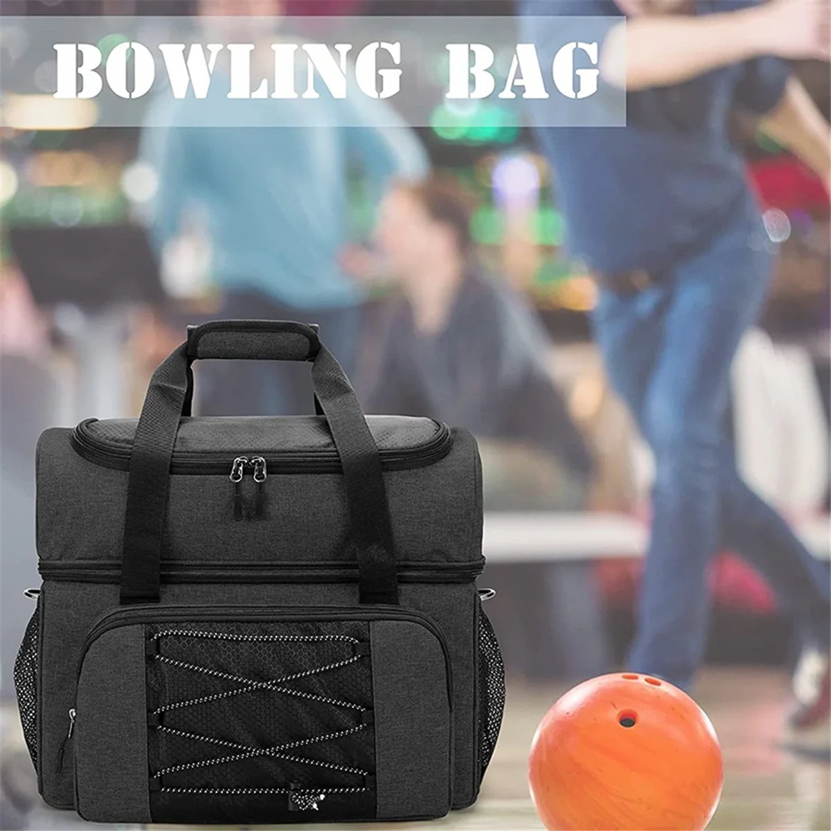 

A47ZZ Bowling Bag for 2 Balls, Bowling Tote with Bowling Cups and Padded Divider for Double Ball Black