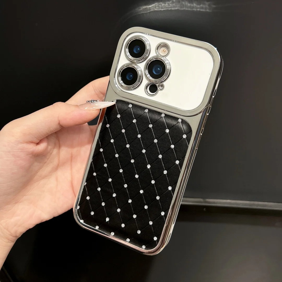 

Luxury Diamond Lattice Rhombus Leather Phone Case For iPhone 17 16 15 14 13 17 Pro Max Plated Bezel Starry Sky Rhinestone Cover