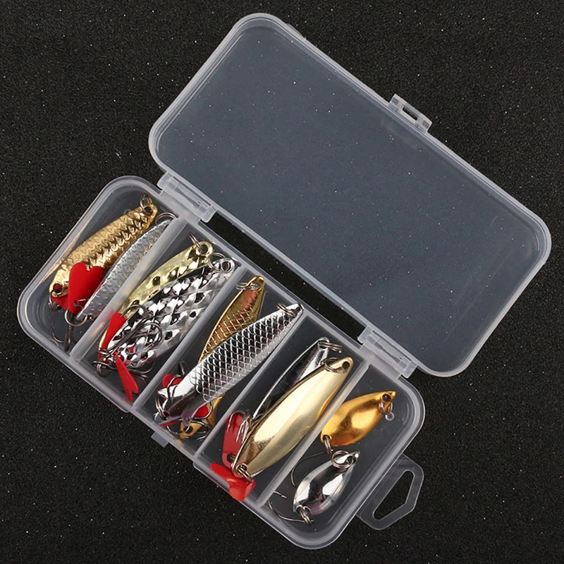 10 Pcs Fishing Metal Spoon Lure Kit Set Gold Silver Baits Sequins Spinner Lures with Box Treble Hooks Fishing Tackle Gear