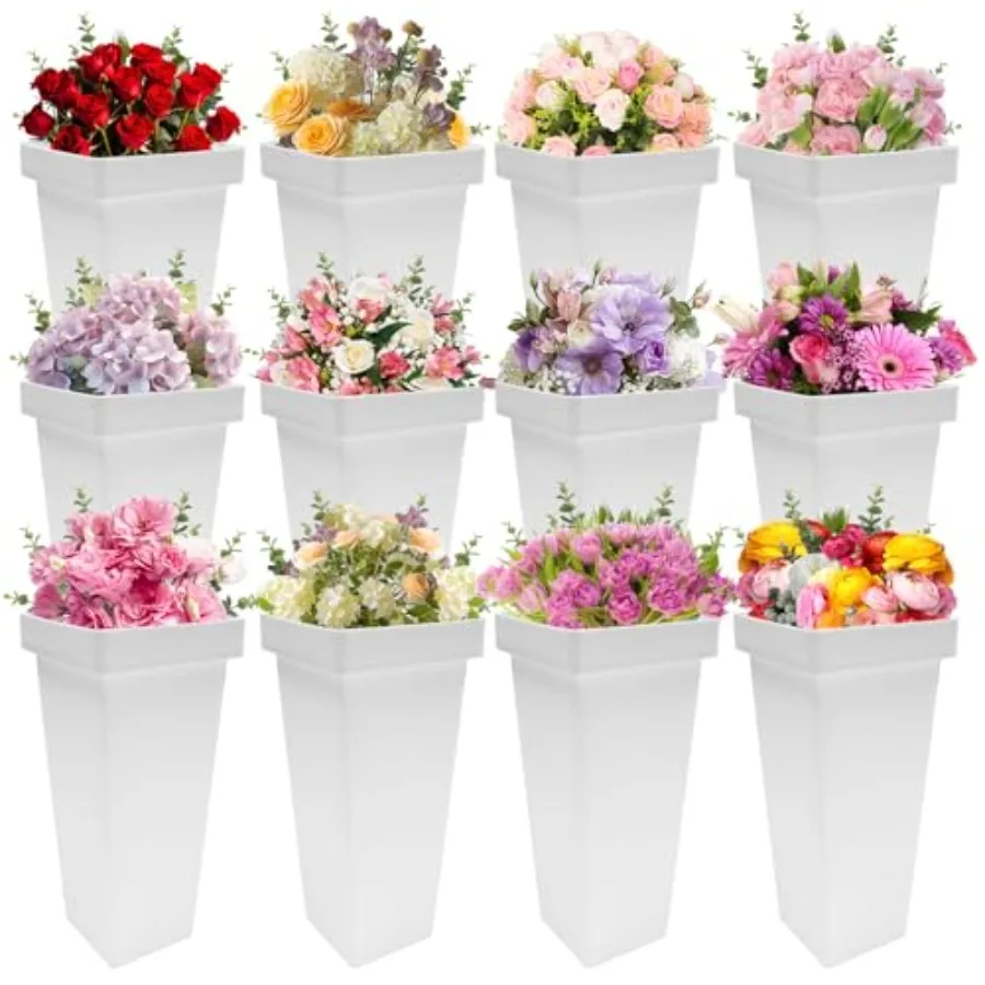 

12 Pcs Plastic, 13.4 Inch Square Floral Display Stand, Tall Vase for Cut Flowers, Indoor/Outdoor Home Wedding Bar Supplies