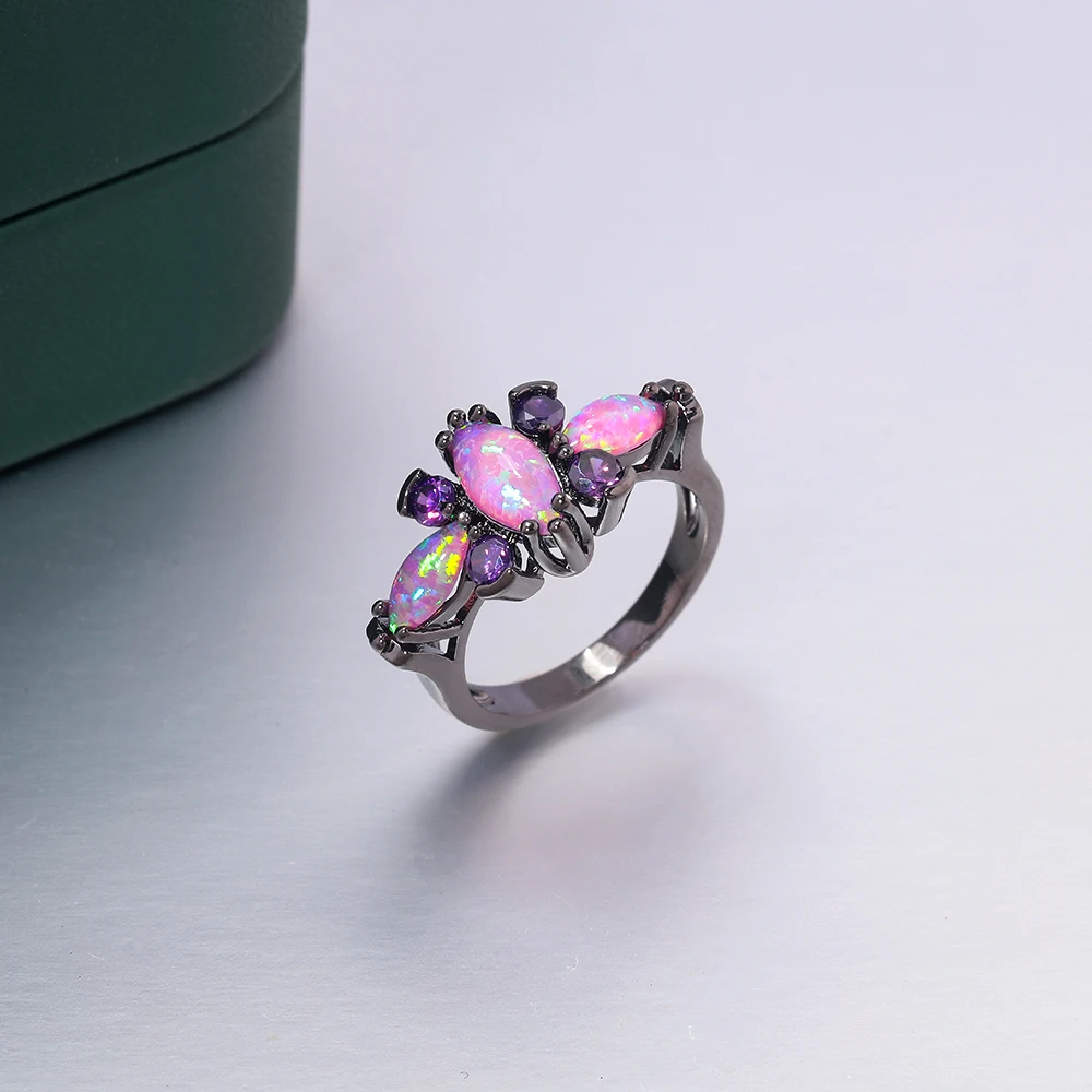 CiNily Pink Big Fire Opal Stone Black Gold Color Rings Purple Violet Zircon Crystal Butterfly Animal Ring Fashion Jewelry Women