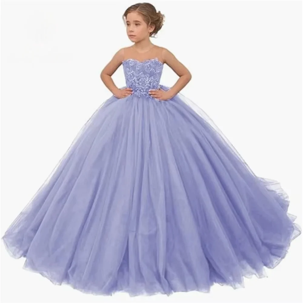 

Girls Illusion Back Embroidered Tulle Ball Gown Elegant Design For Formal Occasions Weddings Flower Girl Birthday Celebration Pi