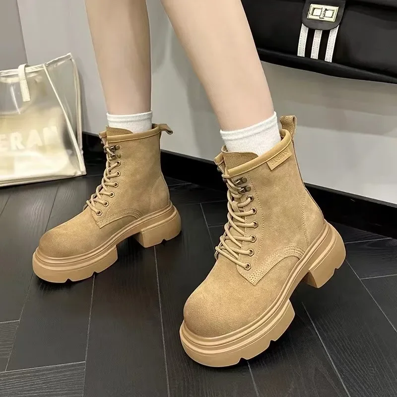 2024 New Fashionable and Versatile Women\'s Boots Round Toe Women\'s Boots Lace-Up Thick Sole Square Heel Winter Naked Boots