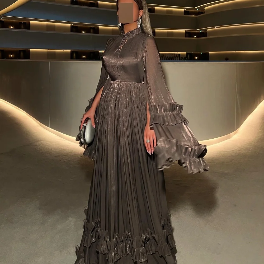 

Customized Matching Fashion Pleat Ruched Draped A-line High Collar Long Dresses Evening Dresses Sizes Available High Quality