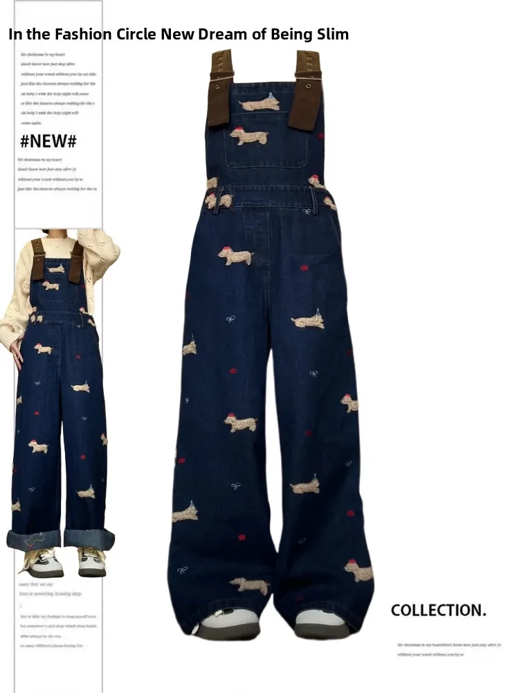 

Loose Fit High Waist Denim Overalls Women's Spring 2025 Casual Embroidered Doggies Sle Wide Leg Pants Four Seasons Blue