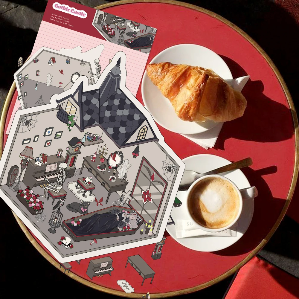 1 مجموعة الكرتون القوطية القلعة المشهد مصغرة ملصق ثلاثية الأبعاد الضغط المملكة المظلمة مجموعة DIY المشهد القوطية الزفاف خلفية ديكور #3