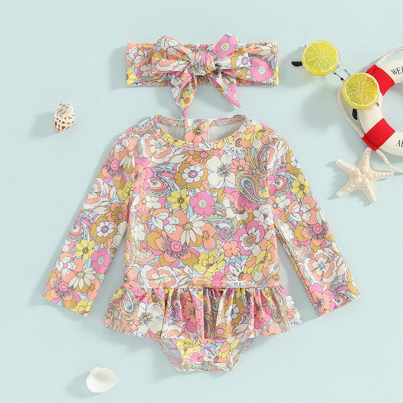 

0-3Y Summer Toddler Girls Swimwear Long Sleeve Ruffle Floral Print Bathing Suit with Headband Baby Romper Beachwear Swimsuit