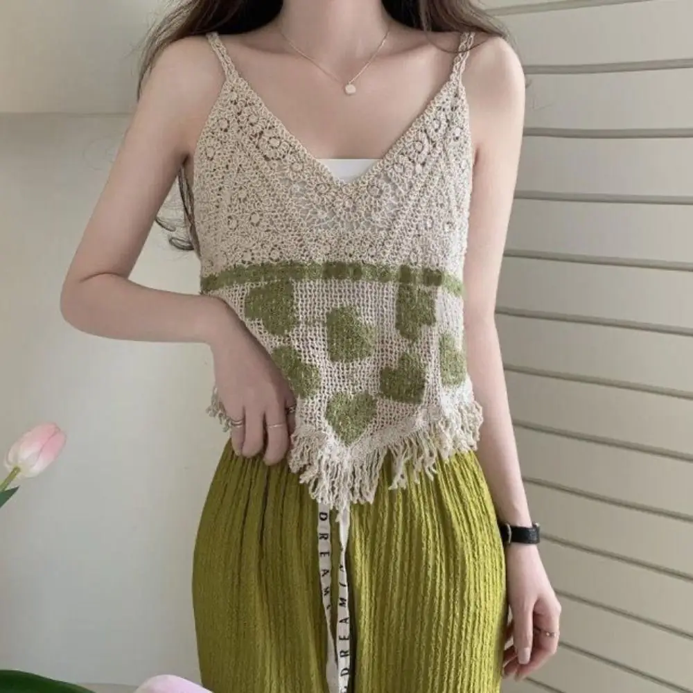 Pastoral Style Embroidery Knitted Vest Gentle Elegance Embroidery Knitted Hollow Tops Inner Tie Simple Short Sleeveless Tops