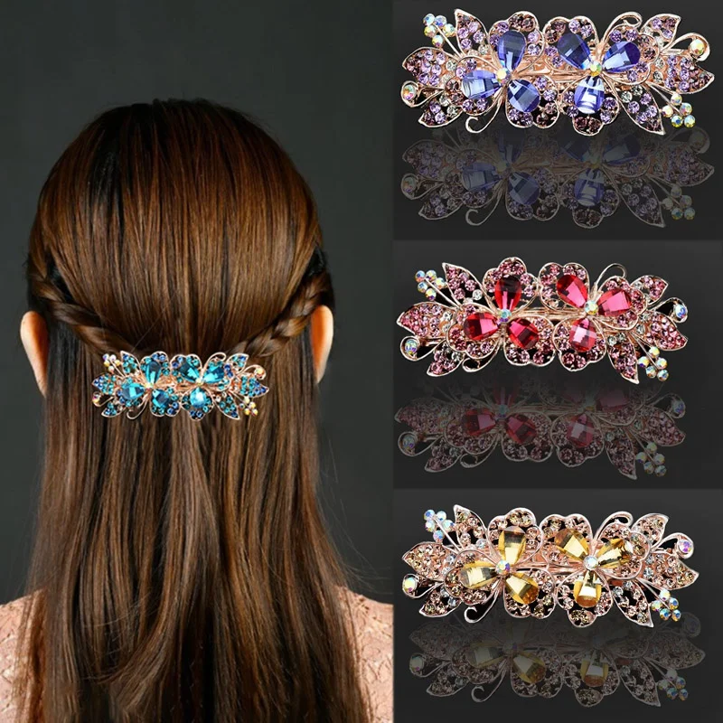 Horquilla de Primavera de cristal púrpura de alta calidad, clip horizontal de circón brillante, temperamento, accesorios para el cabello de moda para la madre