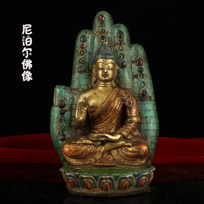 Nepalese hand-inlaid gemstone Buddhist hand Sakyamuni Buddha statue bronze statue home Buddhist hall offering ornaments