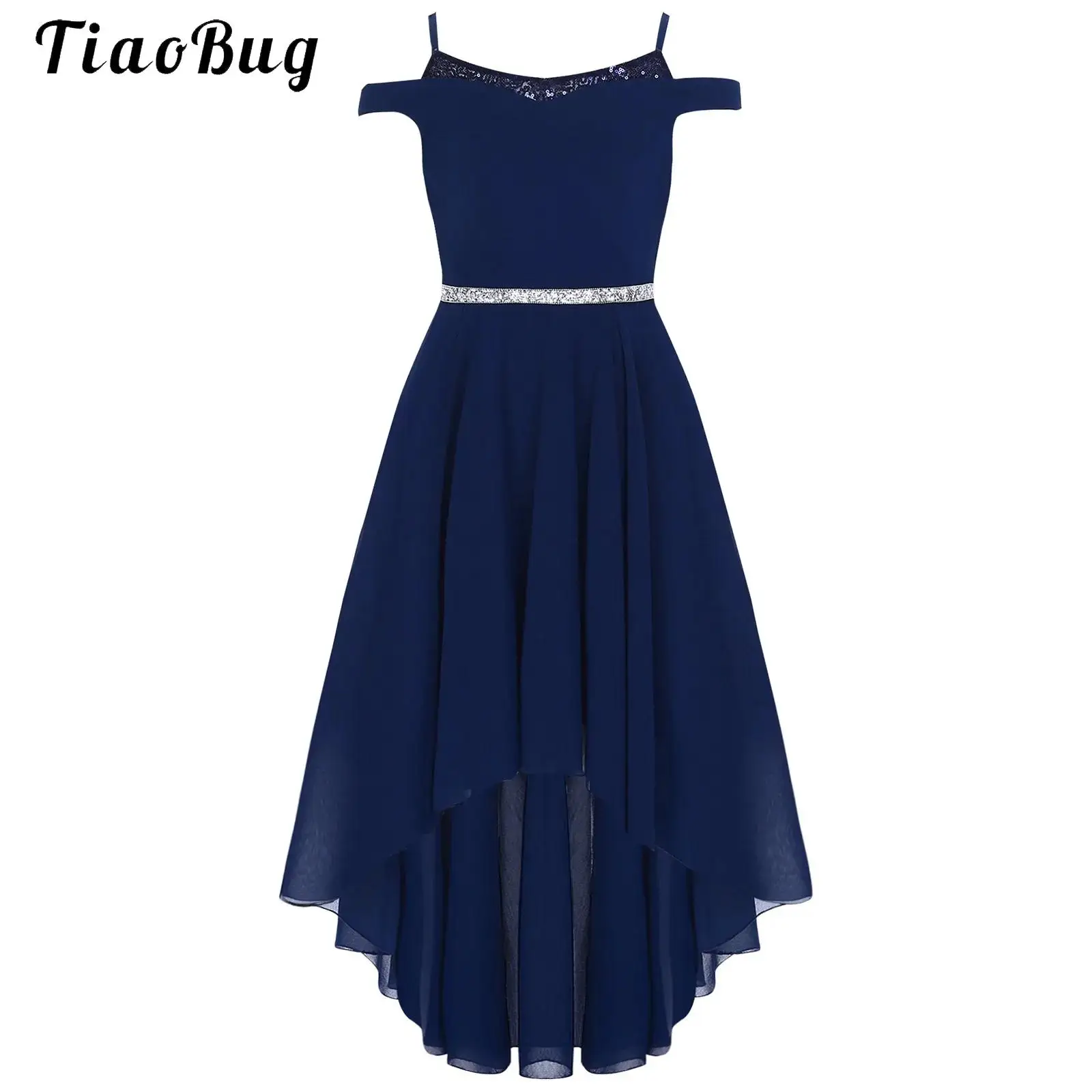 

Girls Summer Chiffon Dress Off Shoulder Childrens Dress Elegant Sequins A Line High Low Swing Dress for Wedding Party Prom